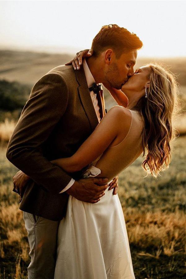 Abito da sposa rustico lungo fino al pavimento a linea ad A trasparente per matrimonio in spiaggia WD498