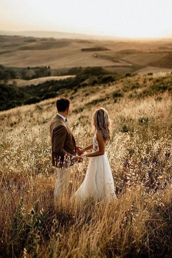 Abito da sposa rustico lungo fino al pavimento a linea ad A trasparente per matrimonio in spiaggia WD498