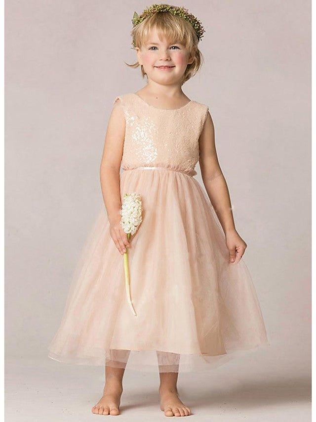 A-Line Sequined Sleeveless Jewel Neck Wedding Party Flower Girl Dresses - photo 1