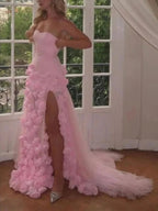 A line Sexy Sweetheart Sleeveless Pink Slit Flowers Prom Dress by KissProm