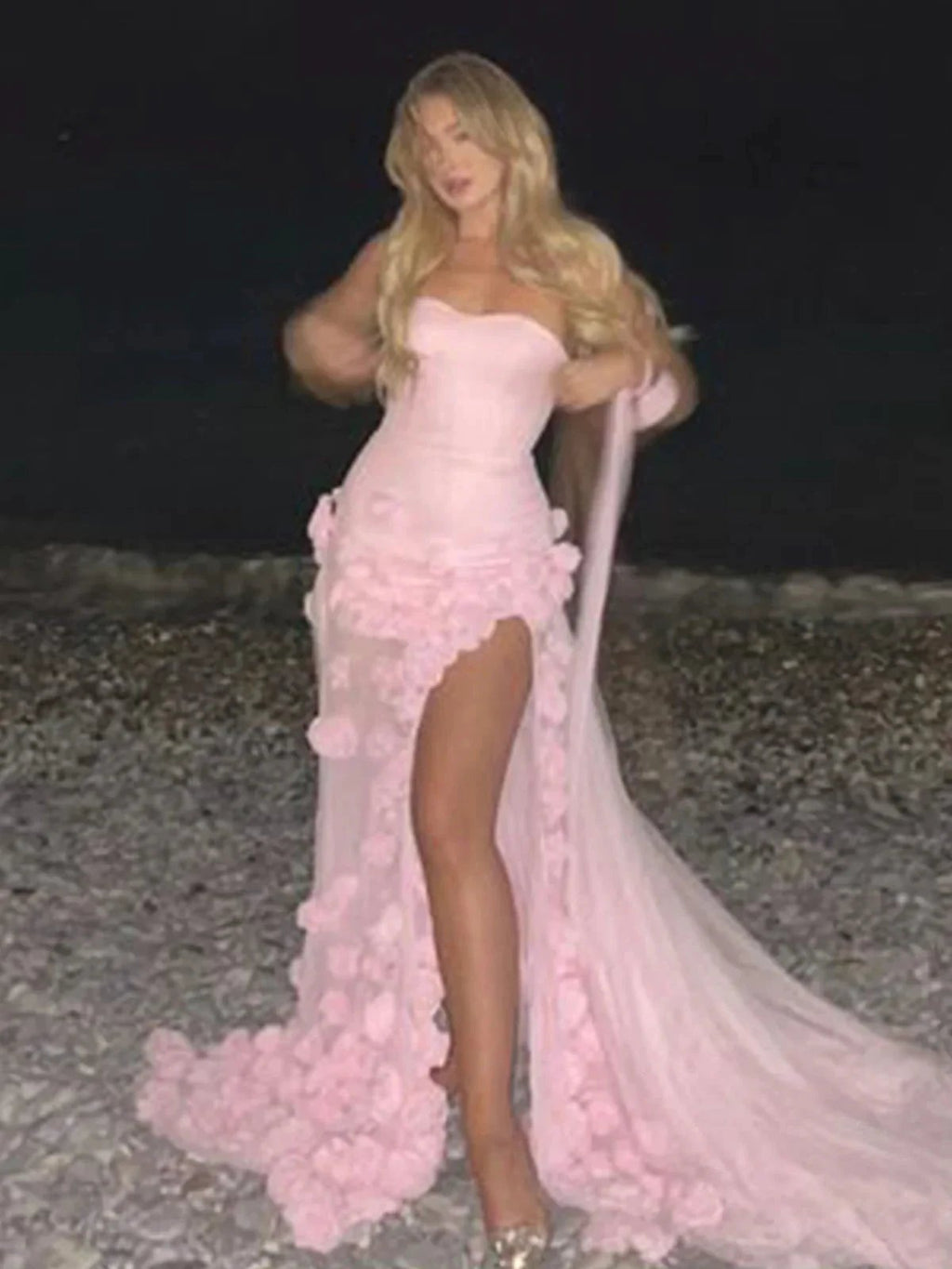 A line Sexy Sweetheart Sleeveless Pink Slit Flowers Prom Dress by KissProm