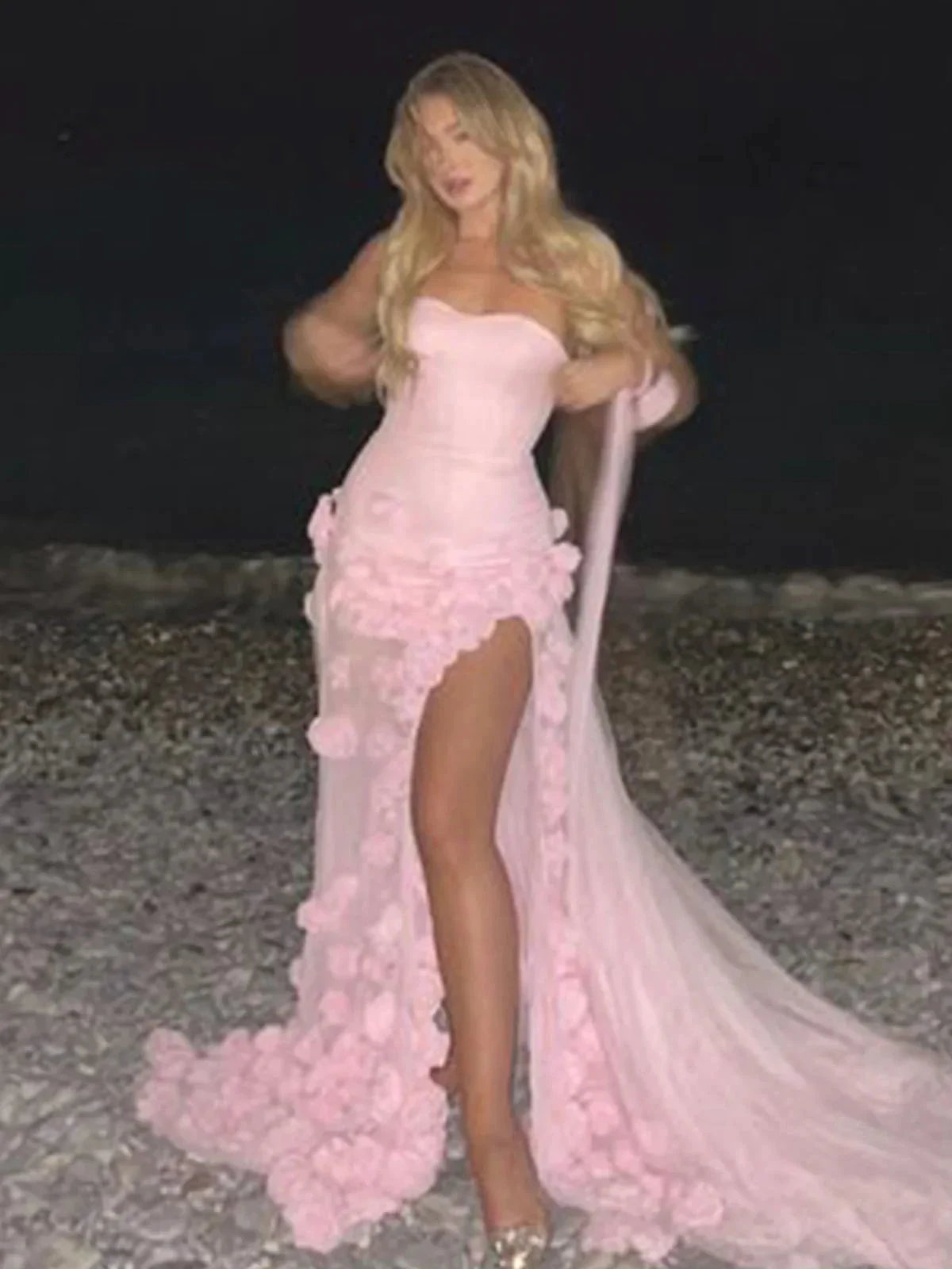 A line Sexy Sweetheart Sleeveless Pink Slit Flowers Prom Dress by KissProm