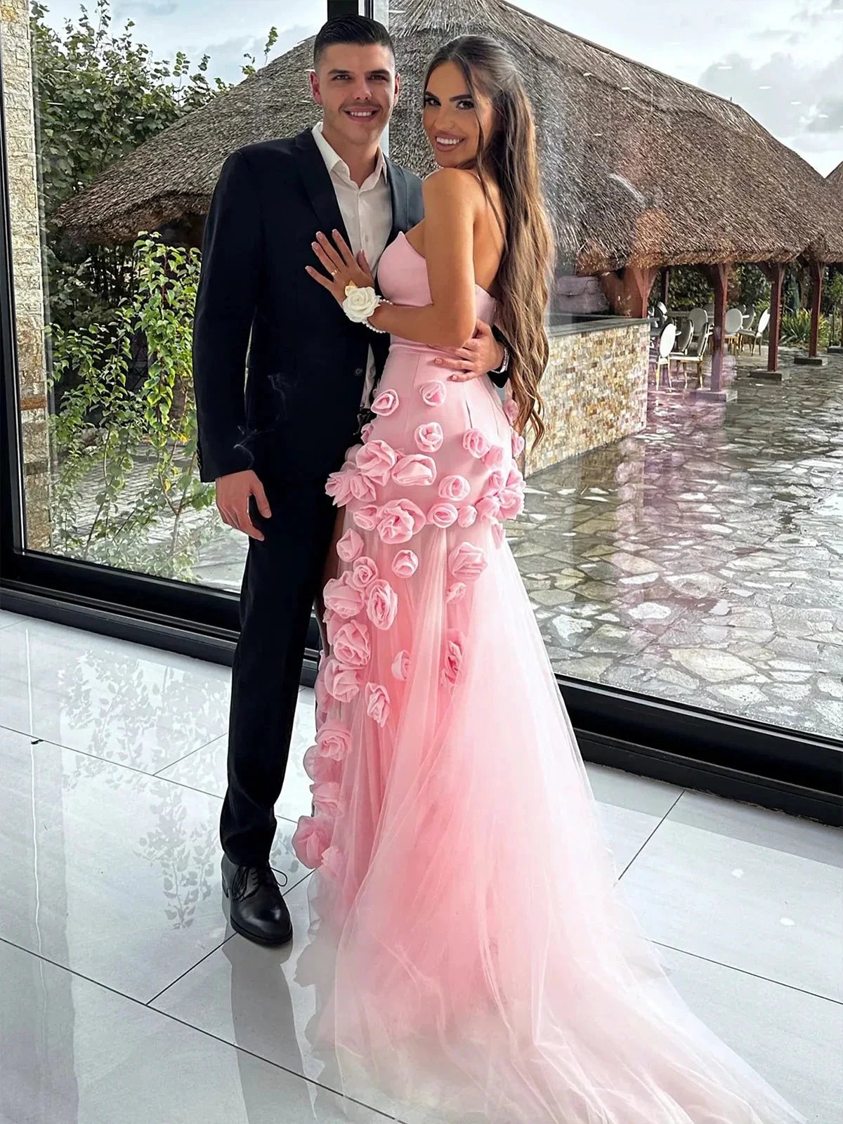 A line Sexy Sweetheart Sleeveless Pink Slit Flowers Prom Dress by KissProm