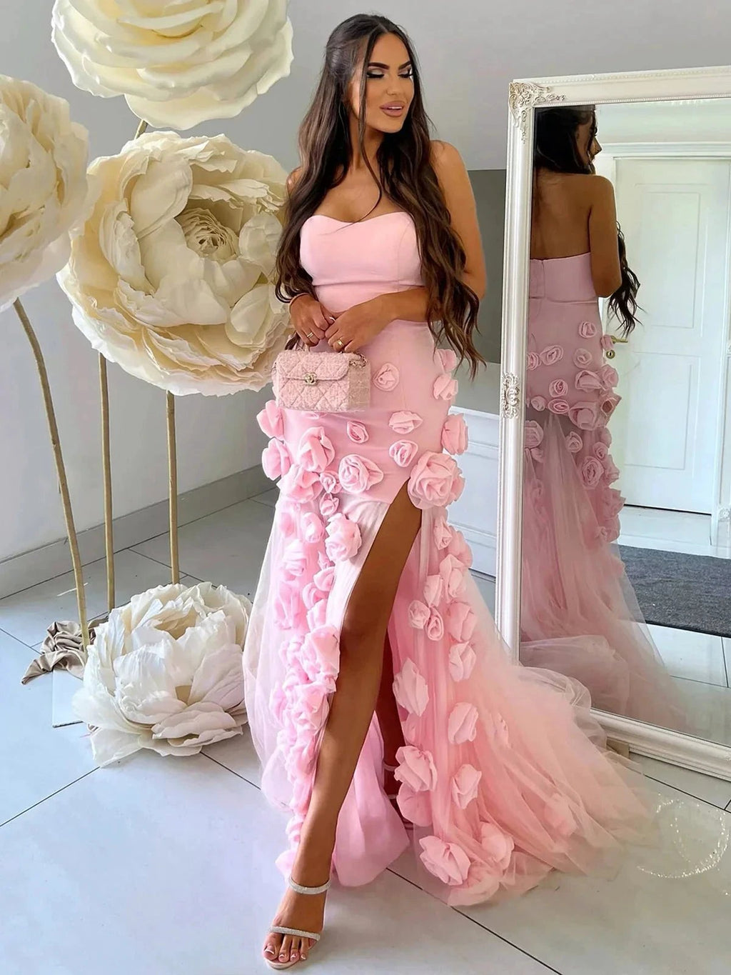 A line Sexy Sweetheart Sleeveless Pink Slit Flowers Prom Dress by KissProm