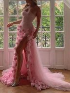 A line Sexy Sweetheart Sleeveless Pink Slit Flowers Prom Dress by KissProm