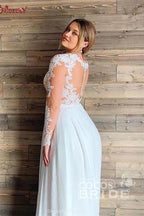 A-line Sheer Tulle Lace Wedding Gowns Long Sleeve Floor Length Beach Bridal Gowns by misshow.com