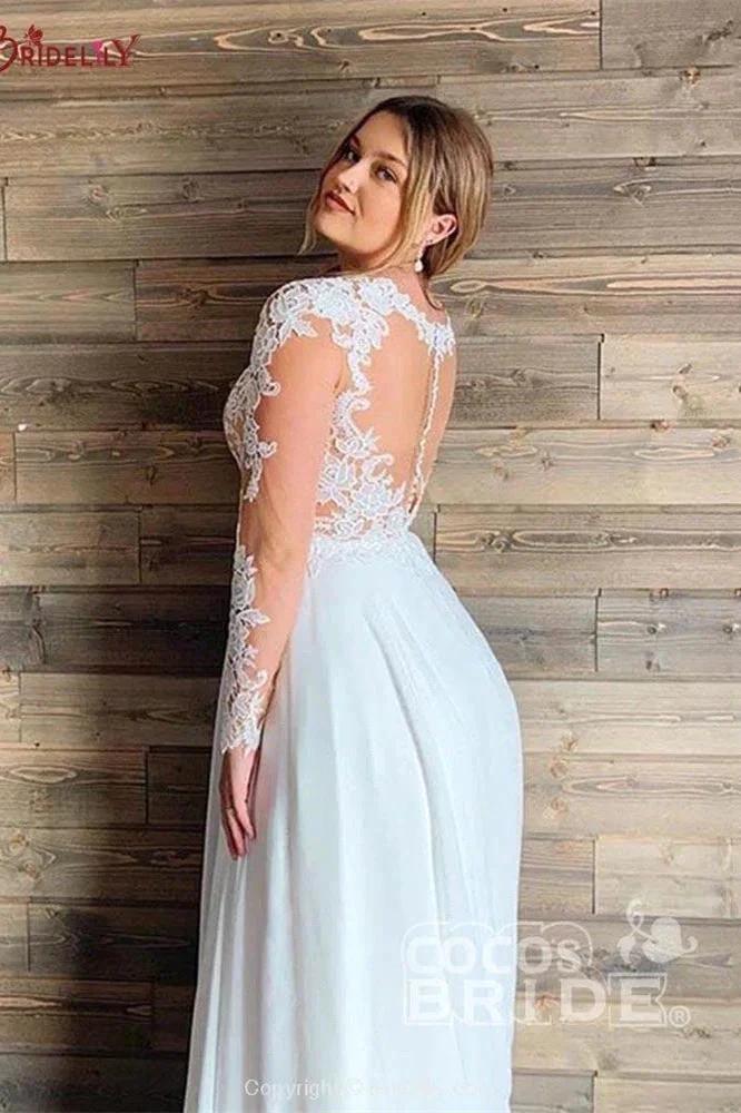 A-line Sheer Tulle Lace Wedding Gowns Long Sleeve Floor Length Beach Bridal Gowns by misshow.com