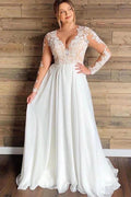 A-line Sheer Tulle Lace Wedding Gowns Long Sleeve Floor Length Beach Bridal Gowns by misshow.com