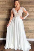 A-line Sheer Tulle Lace Wedding Gowns Long Sleeve Floor Length Beach Bridal Gowns by misshow.com