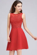 A-line Short Chiffon Red Homecoming Dresses with Lace Appliques by misshow.com