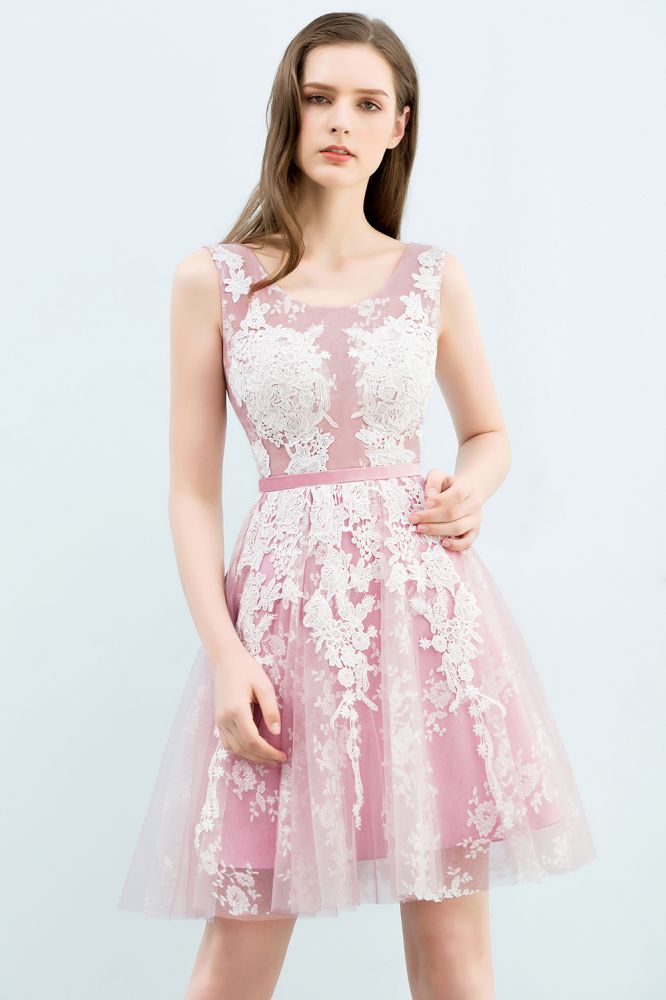 A-line Short Crew Sleeveless Lace Appliques Tulle Prom Dresses
