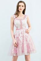 A-line Short Crew Sleeveless Lace Appliques Tulle Prom Dresses