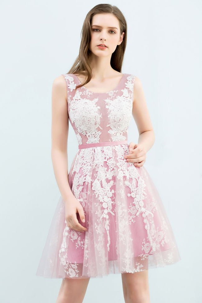 A-line Short Crew Sleeveless Lace Appliques Tulle Prom Dresses Main Image