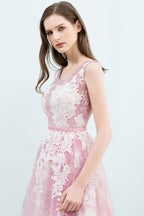 A-line Short Crew Sleeveless Lace Appliques Tulle Prom Dresses