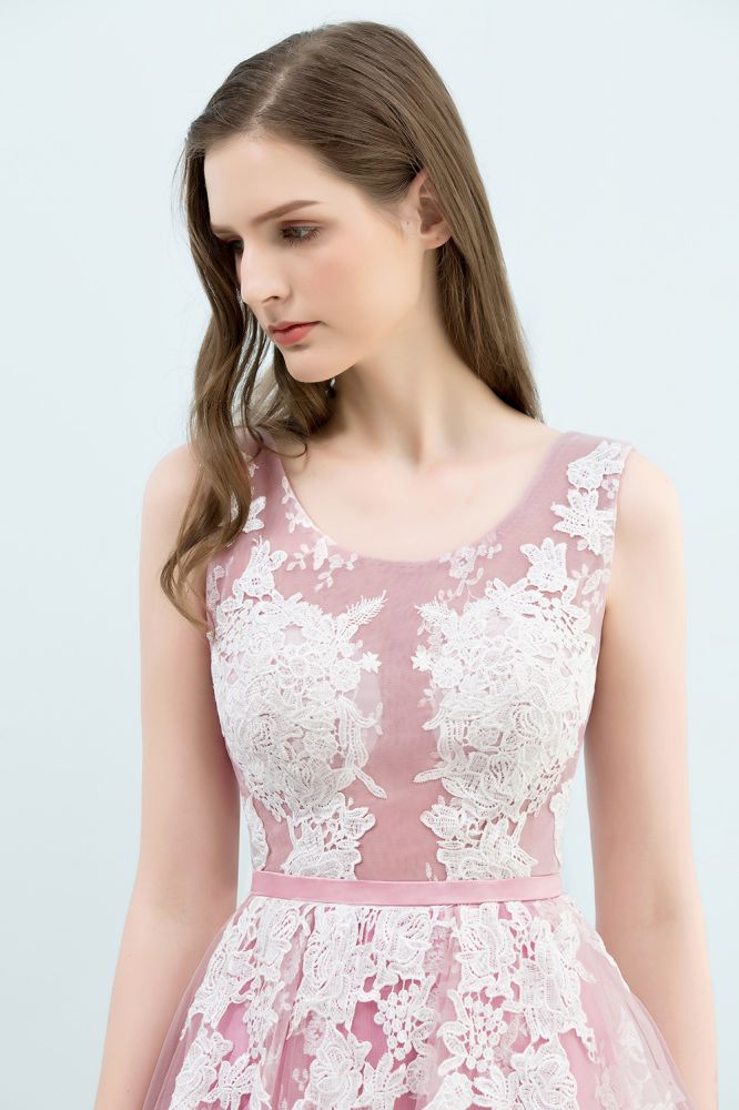 A-line Short Crew Sleeveless Lace Appliques Tulle Prom Dresses