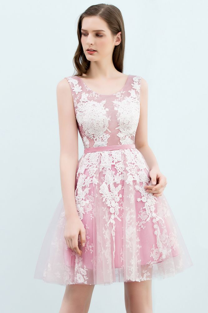 A-line Short Crew Sleeveless Lace Appliques Tulle Prom Dresses