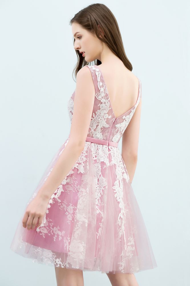 A-line Short Crew Sleeveless Lace Appliques Tulle Prom Dresses