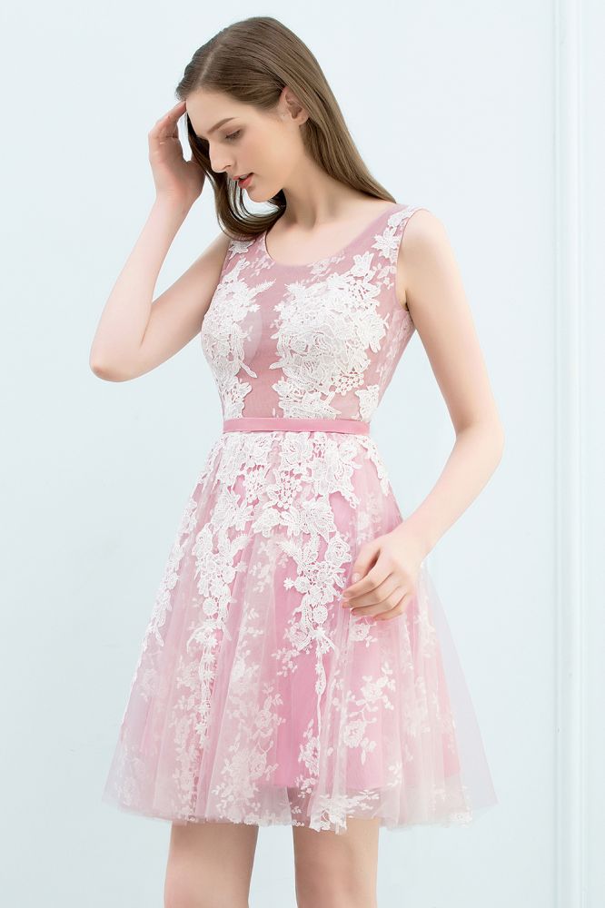 A-line Short Crew Sleeveless Lace Appliques Tulle Prom Dresses