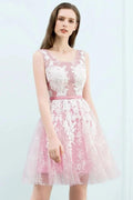 A-line Short Crew Sleeveless Lace Appliques Tulle Prom Dresses by misshow.com