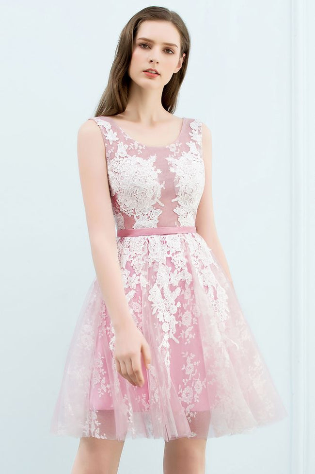 A-line Short Crew Sleeveless Lace Appliques Tulle Prom Dresses Hover Image