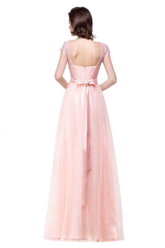 A-line Short Sleeve Chiffon Bridesmaid Dresses with Ribbon Bow Sash Main Image