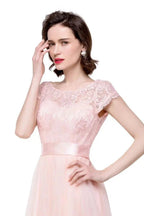 A-line Short Sleeve Chiffon Bridesmaid Dresses with Ribbon Bow Sash by misshow.com