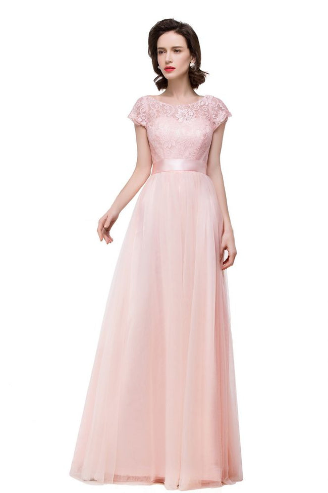 A-line Short Sleeve Chiffon Bridesmaid Dresses with Ribbon Bow Sash Hover Image