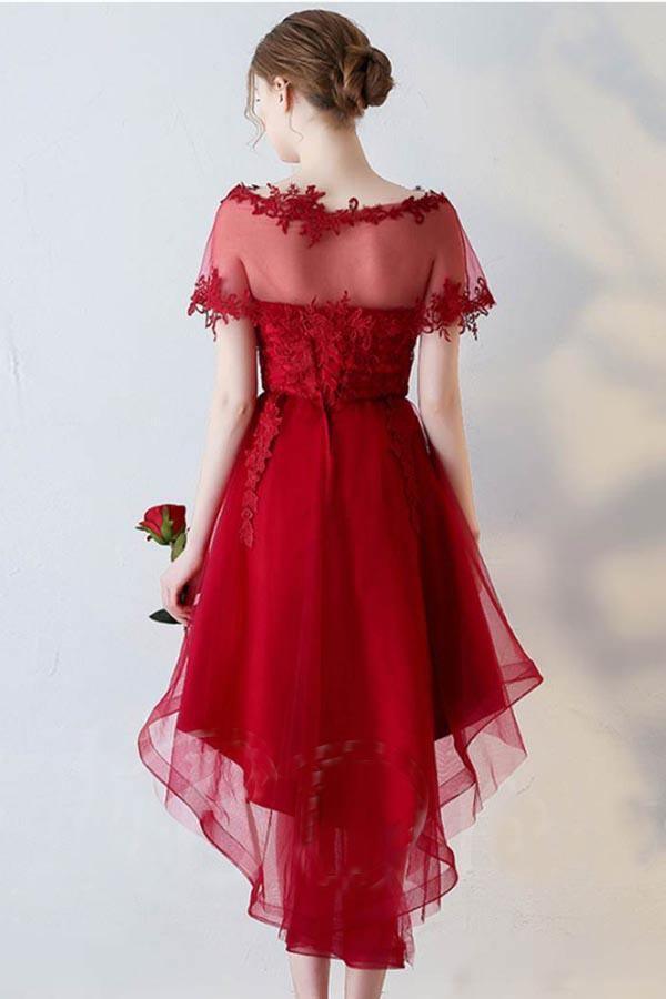 A-Line Short Sleeves Appliques Sweetheart Asymmetry Homecoming Dress PD141 Main Image