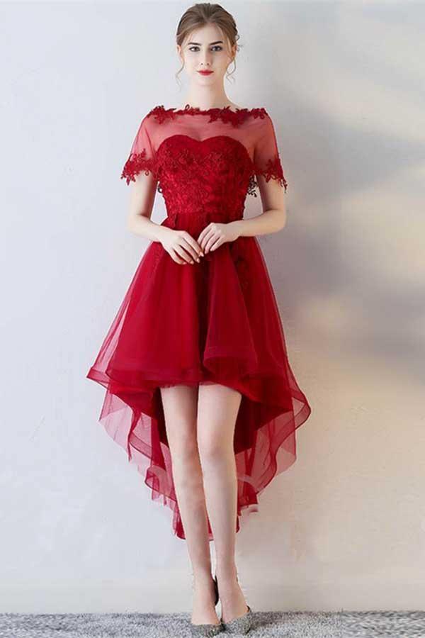 A-Line Short Sleeves Appliques Sweetheart Asymmetry Homecoming Dress PD141 Hover Image