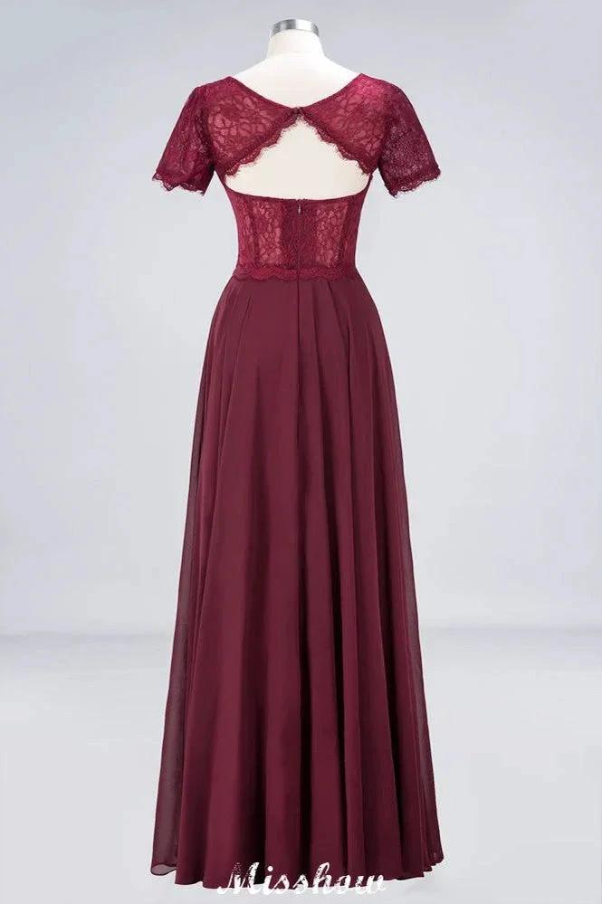A-Line Short-Sleeves Floor-Length Bridesmaid Dress Chiffon Lace Round-Neck Evening Dress by misshow.com