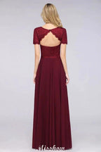 A-Line Short-Sleeves Floor-Length Bridesmaid Dress Chiffon Lace Round-Neck Evening Dress by misshow.com