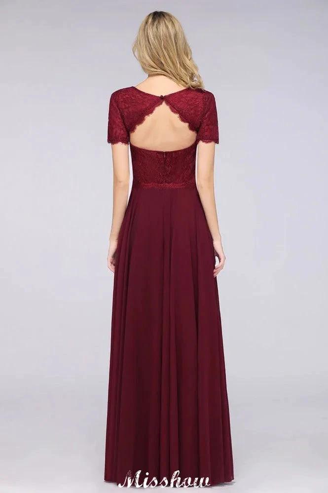 A-Line Short-Sleeves Floor-Length Bridesmaid Dress Chiffon Lace Round-Neck Evening Dress by misshow.com