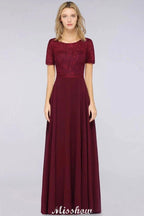 A-Line Short-Sleeves Floor-Length Bridesmaid Dress Chiffon Lace Round-Neck Evening Dress by misshow.com