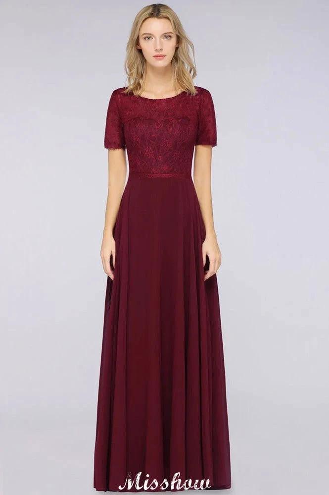 A-Line Short-Sleeves Floor-Length Bridesmaid Dress Chiffon Lace Round-Neck Evening Dress by misshow.com