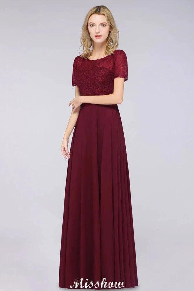 A-Line Short-Sleeves Floor-Length Bridesmaid Dress Chiffon Lace Round-Neck Evening Dress by misshow.com