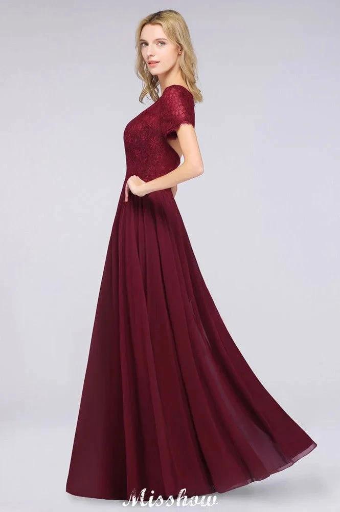 A-Line Short-Sleeves Floor-Length Bridesmaid Dress Chiffon Lace Round-Neck Evening Dress by misshow.com