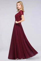 A-Line Short-Sleeves Floor-Length Bridesmaid Dress Chiffon Lace Round-Neck Evening Dress by misshow.com