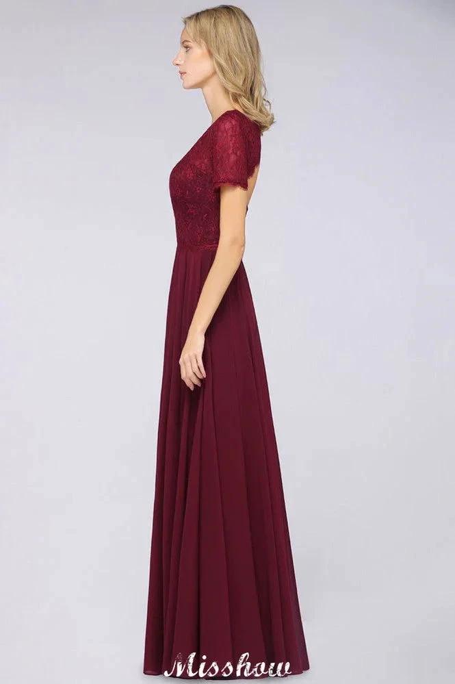 A-Line Short-Sleeves Floor-Length Bridesmaid Dress Chiffon Lace Round-Neck Evening Dress by misshow.com