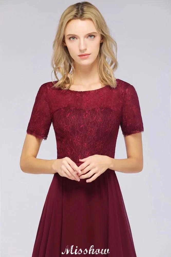 A-Line Short-Sleeves Floor-Length Bridesmaid Dress Chiffon Lace Round-Neck Evening Dress by misshow.com
