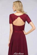 A-Line Short-Sleeves Floor-Length Bridesmaid Dress Chiffon Lace Round-Neck Evening Dress by misshow.com