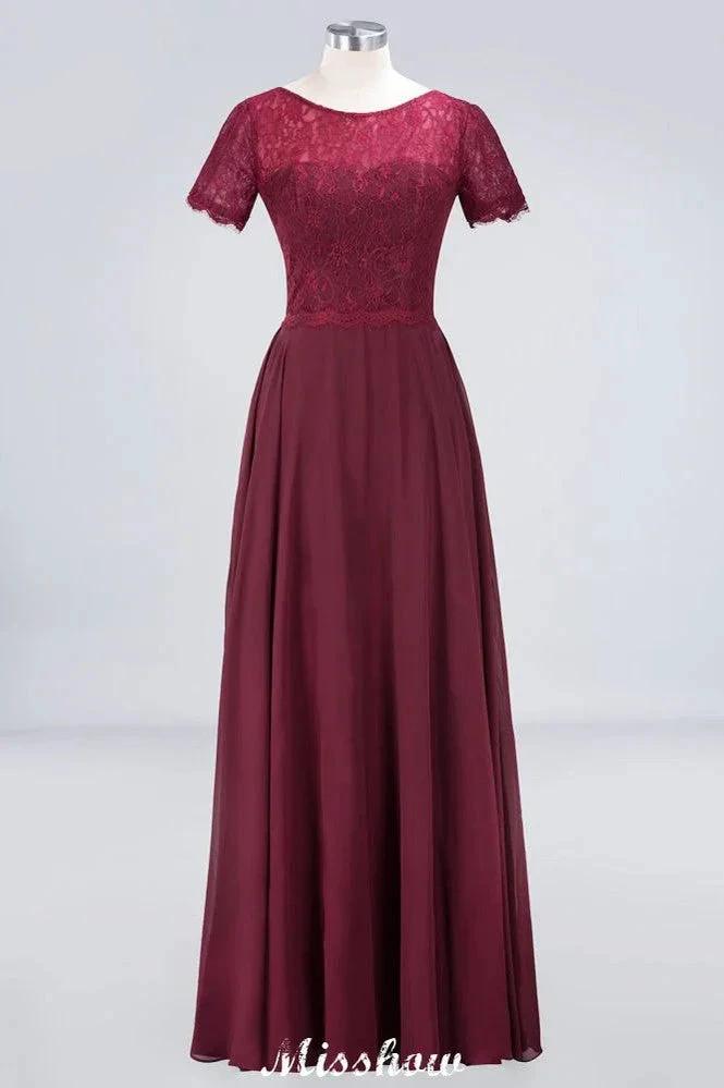 A-Line Short-Sleeves Floor-Length Bridesmaid Dress Chiffon Lace Round-Neck Evening Dress by misshow.com