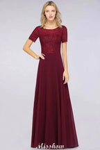 A-Line Short-Sleeves Floor-Length Bridesmaid Dress Chiffon Lace Round-Neck Evening Dress by misshow.com