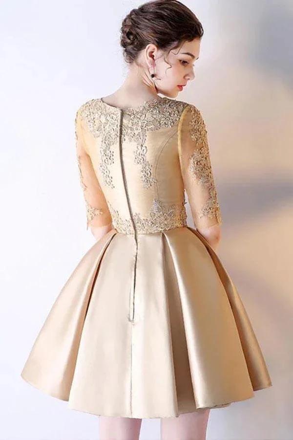A-line Short Sleeves Gold Lace Satin Short Prom Dress Homecoming Dress PD212 by pgmdress