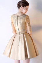 A-line Short Sleeves Gold Lace Satin Short Prom Dress Homecoming Dress PD212 by pgmdress