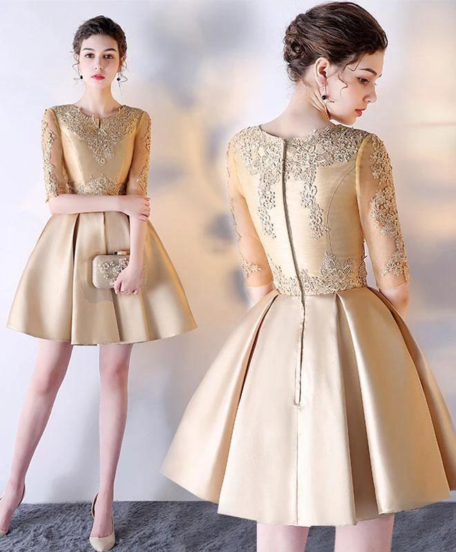A-line Short Sleeves Gold Lace Satin Short Prom Dress Homecoming Dress PD212 by pgmdress