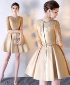 A-line Short Sleeves Gold Lace Satin Short Prom Dress Homecoming Dress PD212 by pgmdress
