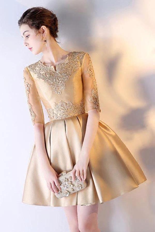 A-line Short Sleeves Gold Lace Satin Short Prom Dress Homecoming Dress PD212 by pgmdress