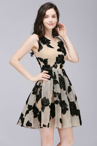 A-line Short Tulle Nude Chic Homecoming Dresses with Flowers
