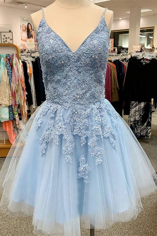 A-Line Sky Blue Tulle Applique Short Sleeveless Homecoming Dresses