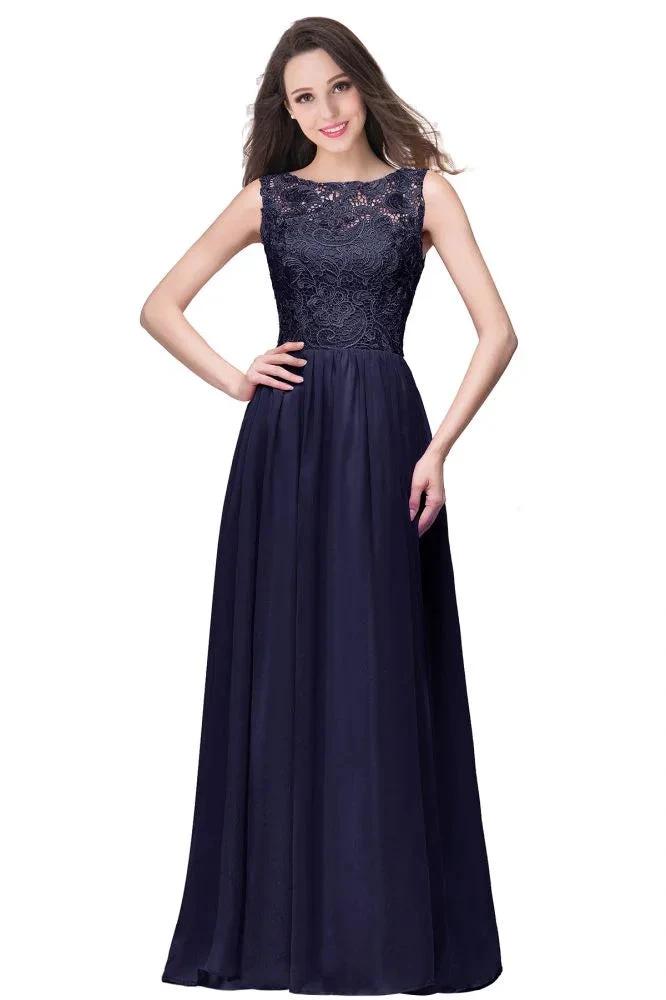 A-line Sleeveless Crew Floor-length Lace Top Chiffon Prom Dresses by misshow.com